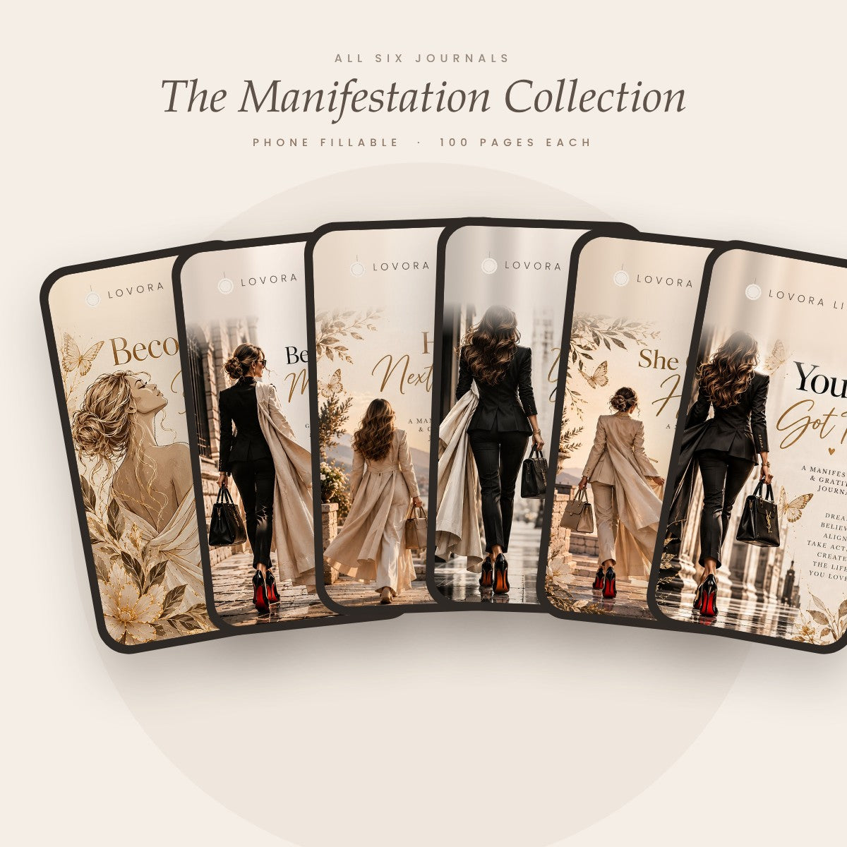 Six Lovora Life manifestation journals shown on phones